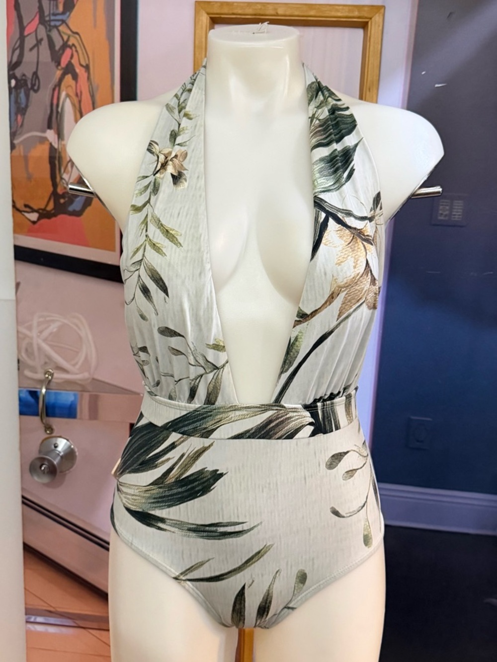 Aguaclara Plunge Halter One-Piece Swimsuit in Leaf Print